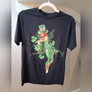 Fairies Enchanted Black Tee with Green Fairy Design Whimsigoth Size S